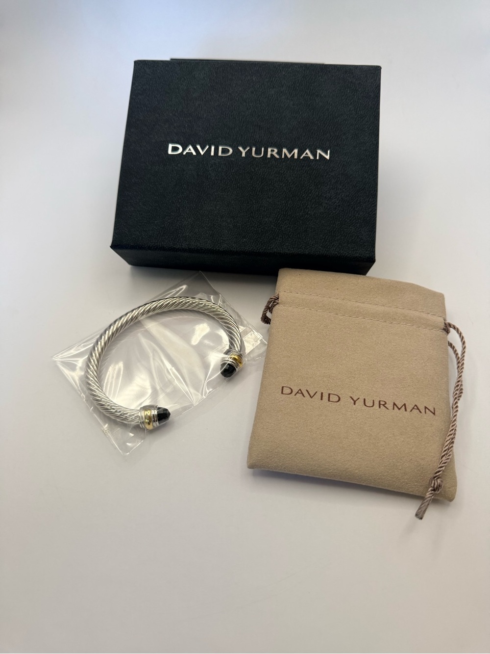 David Yurman 7mm Silver & 14k Gold Cable Bracelet Black Onyx New
